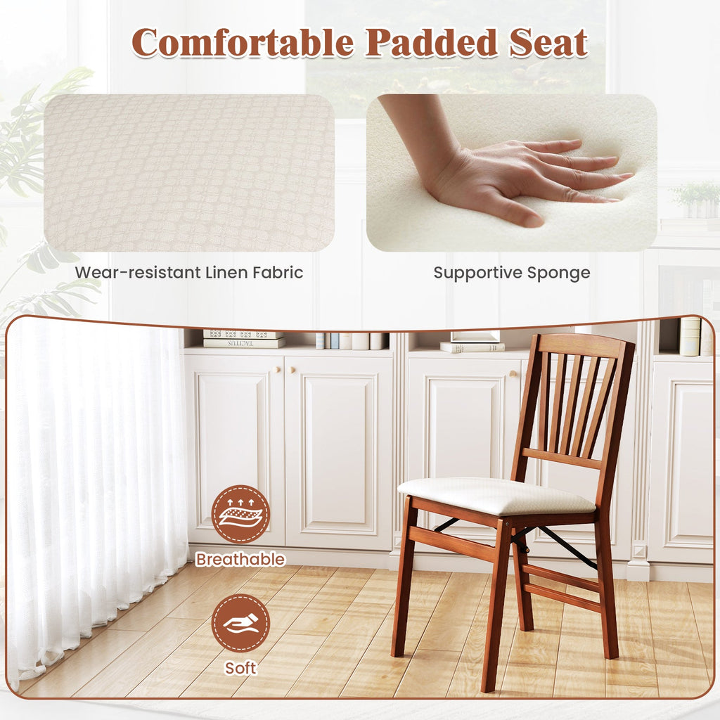 Folding Dining Chairs Set of 2 with Padded Seat and Rubber Wood Frame