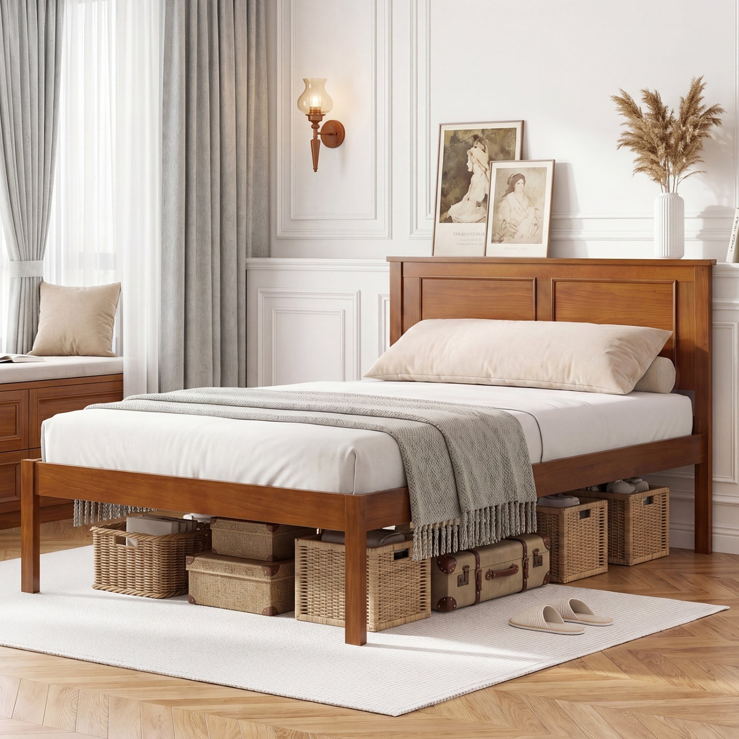 Full/Queen/Twin Size Bed Frame Farmhouse Wooden Platform Bed with Headboard