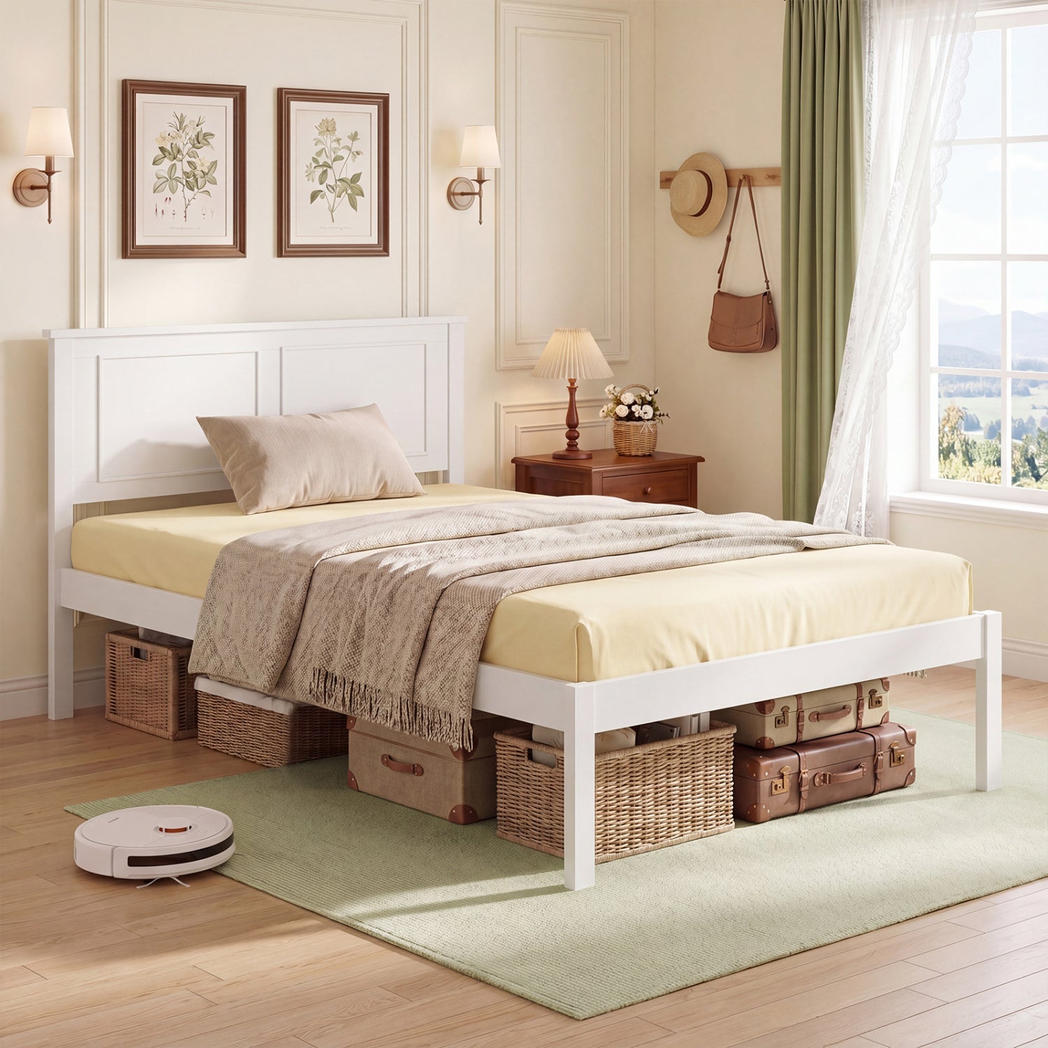 Full/Queen/Twin Size Bed Frame Farmhouse Wooden Platform Bed with Headboard White