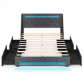 Full Size Bed Frame with LED Lights Wingback Headboard and Charging Station-Grey