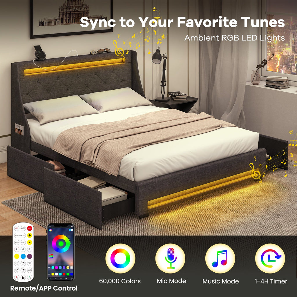 Full Size Bed Frame with LED Lights Wingback Headboard and Charging Station-Grey