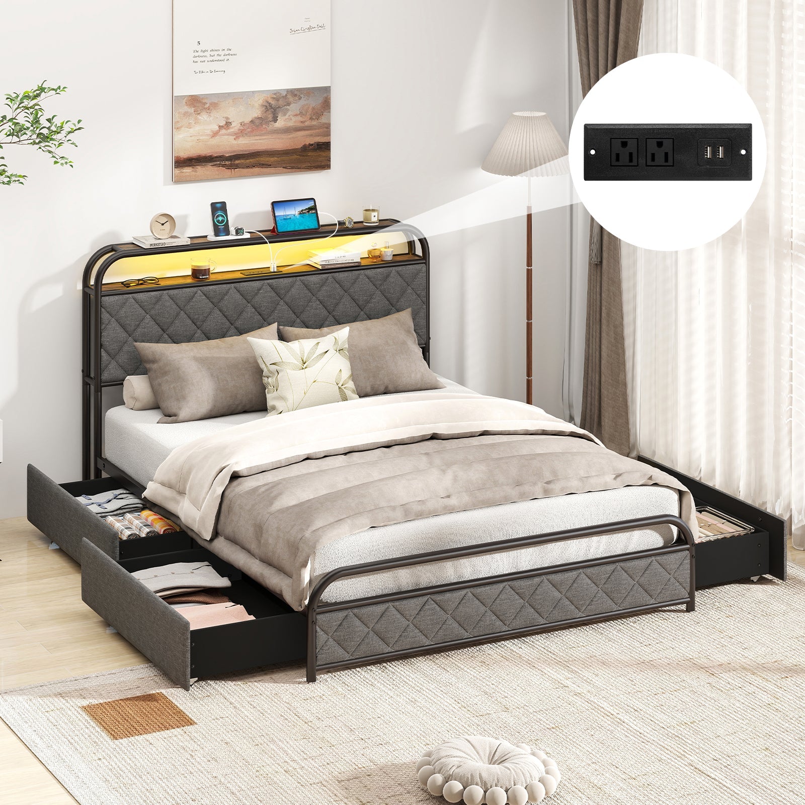 Twin/Full/Queen Size Bed Frame with LED Lights and Charging Station