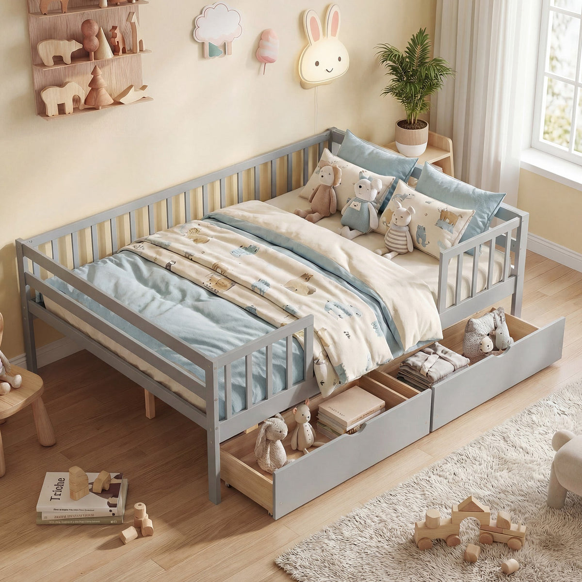Full Size Daybed with Fence and 2 Drawers for Boys and Girls