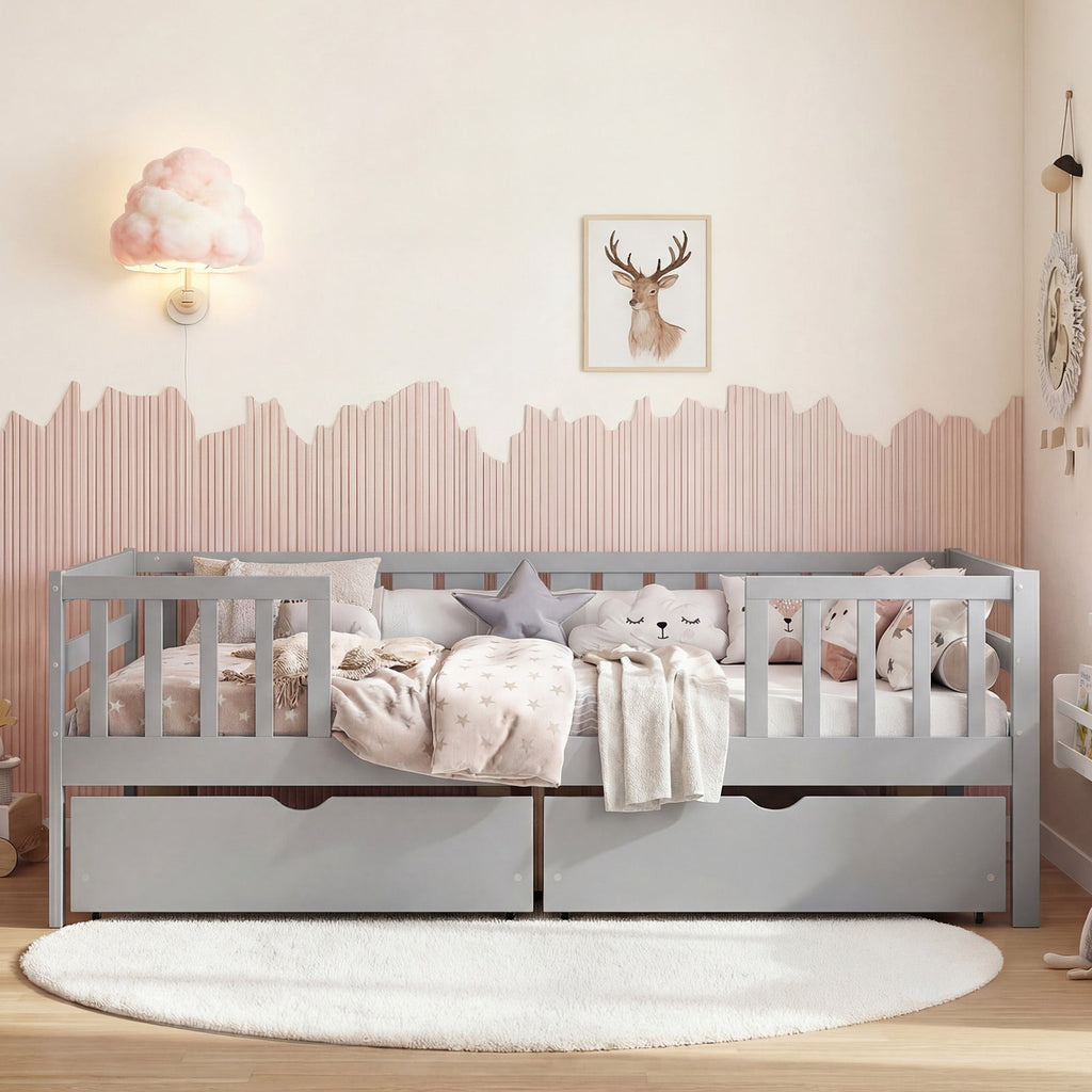 Full Size Daybed with Fence and 2 Drawers for Boys and Girls