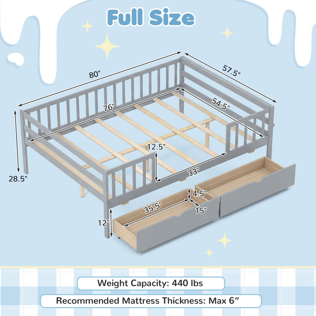 Full Size Daybed with Fence and 2 Drawers for Boys and Girls