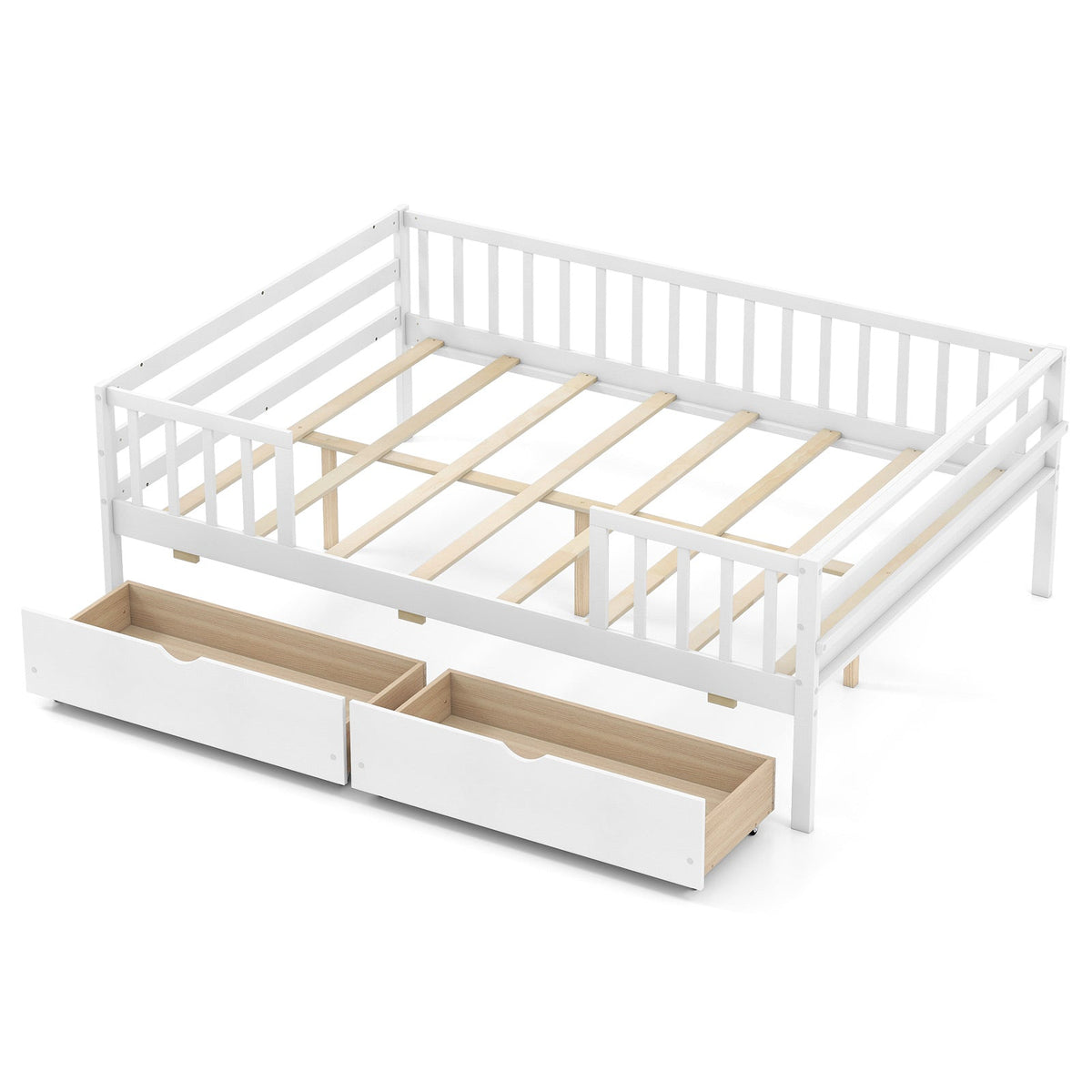 Full Size Daybed with Fence and 2 Drawers for Boys and Girls