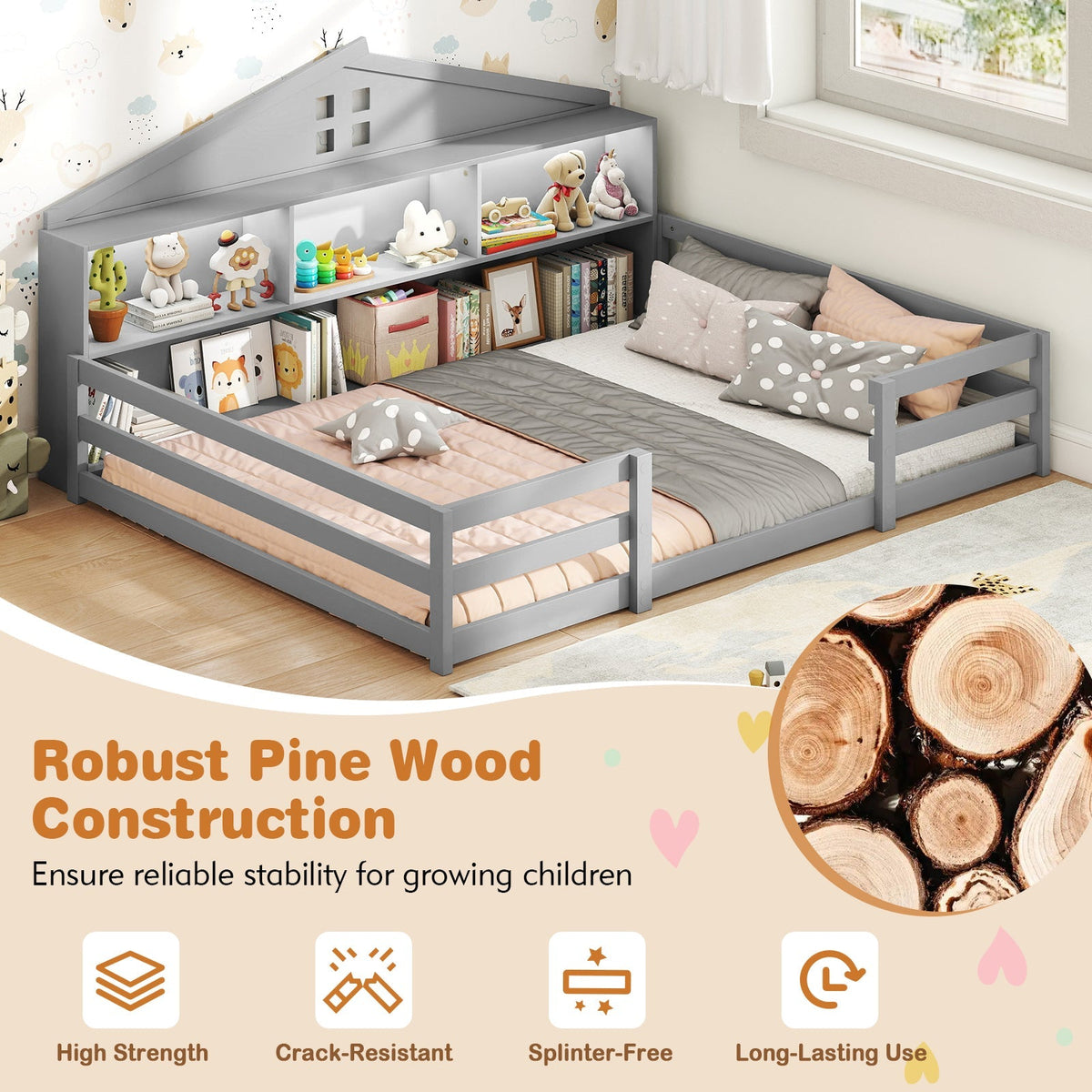 Full Size Montessori Floor Bed with Storage Compartments and Shelf