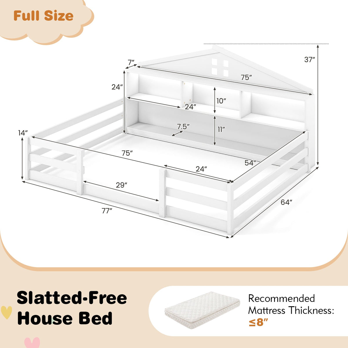 Full Size Montessori Floor Bed with Storage Compartments and Shelf