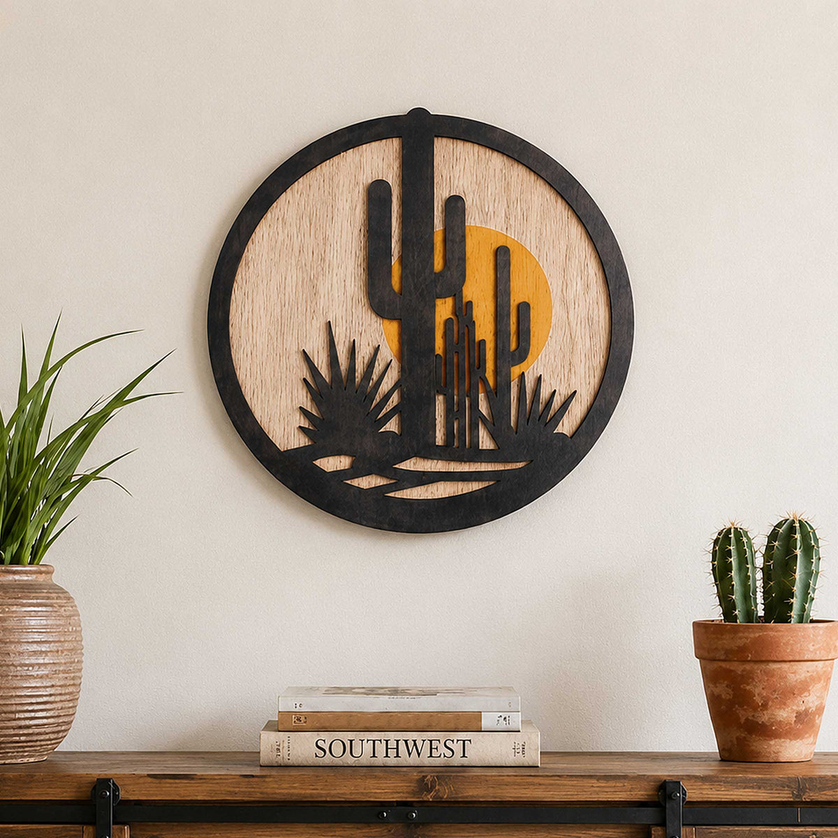 Southwestern Desert Cactus Wall Art – Layered Wooden Circle Wall Decor - G987002