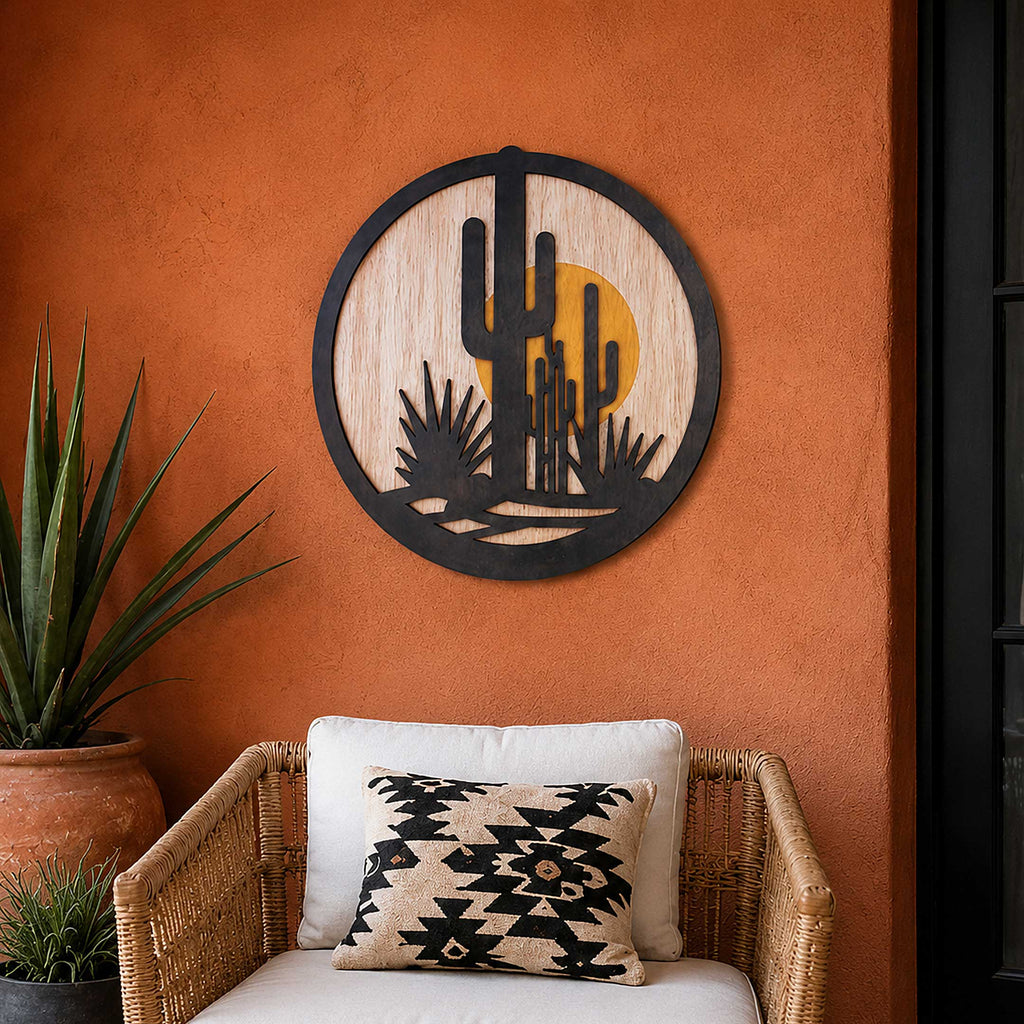 Southwestern Desert Cactus Wall Art – Layered Wooden Circle Wall Decor - G987002