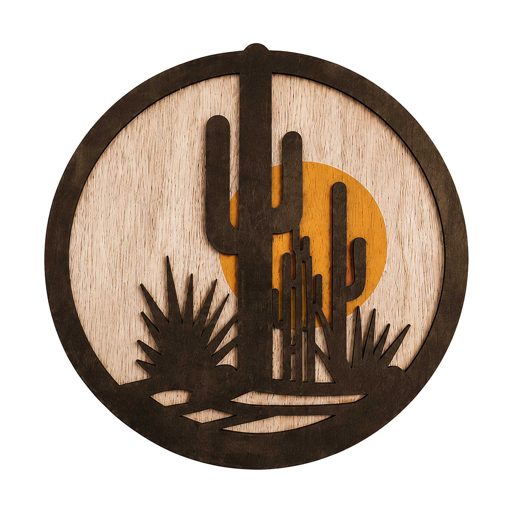 Southwestern Desert Cactus Wall Art – Layered Wooden Circle Wall Decor - G987002