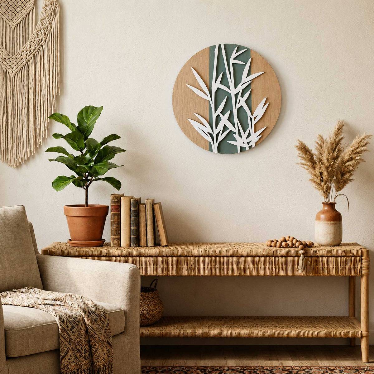 Bamboo Serenity Layered Wall Art – Modern Botanical Round Wall Decor - G987005