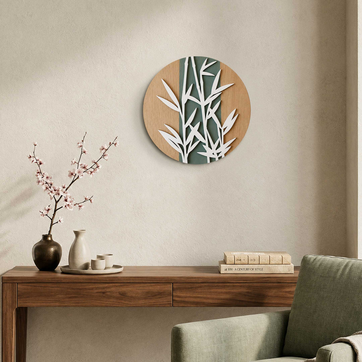 Bamboo Serenity Layered Wall Art – Modern Botanical Round Wall Decor - G987005