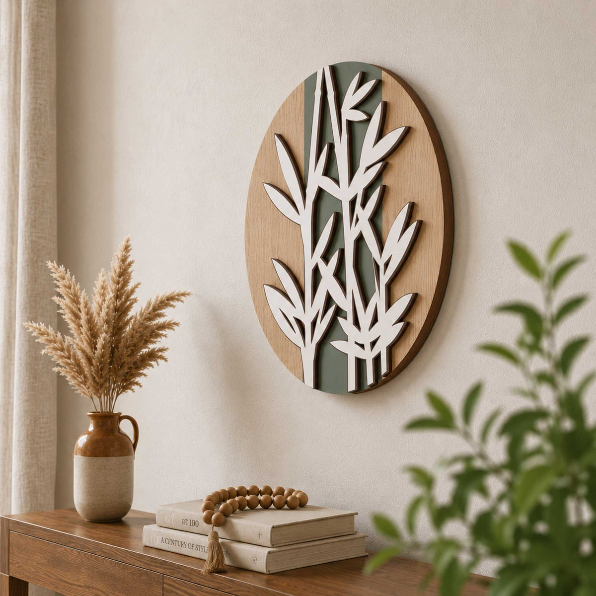 Bamboo Serenity Layered Wall Art – Modern Botanical Round Wall Decor - G987005