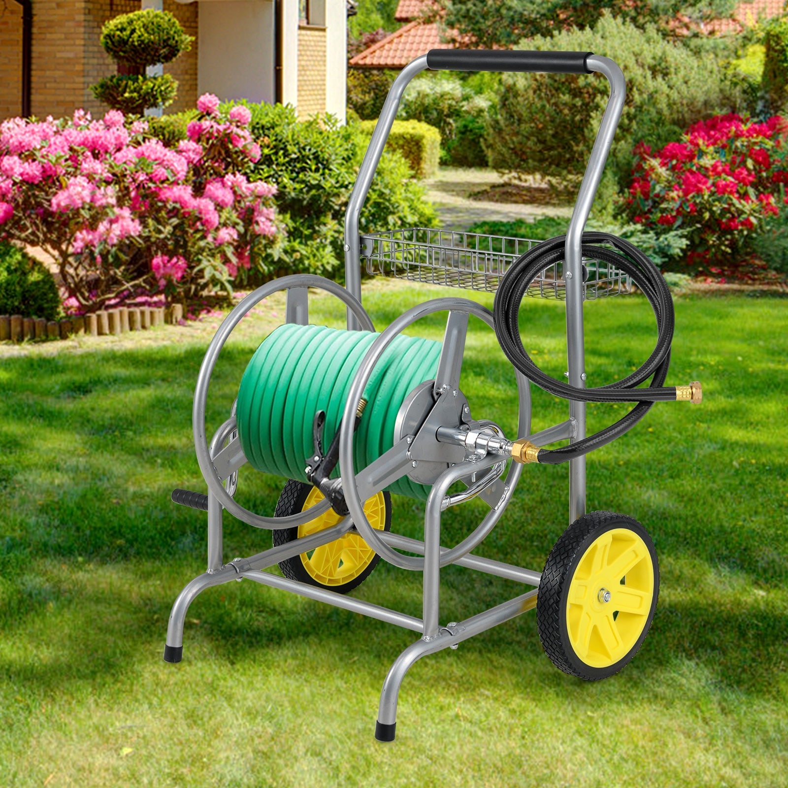 Garden Hose Reel Cart with 2 Wheels and Storage Basket