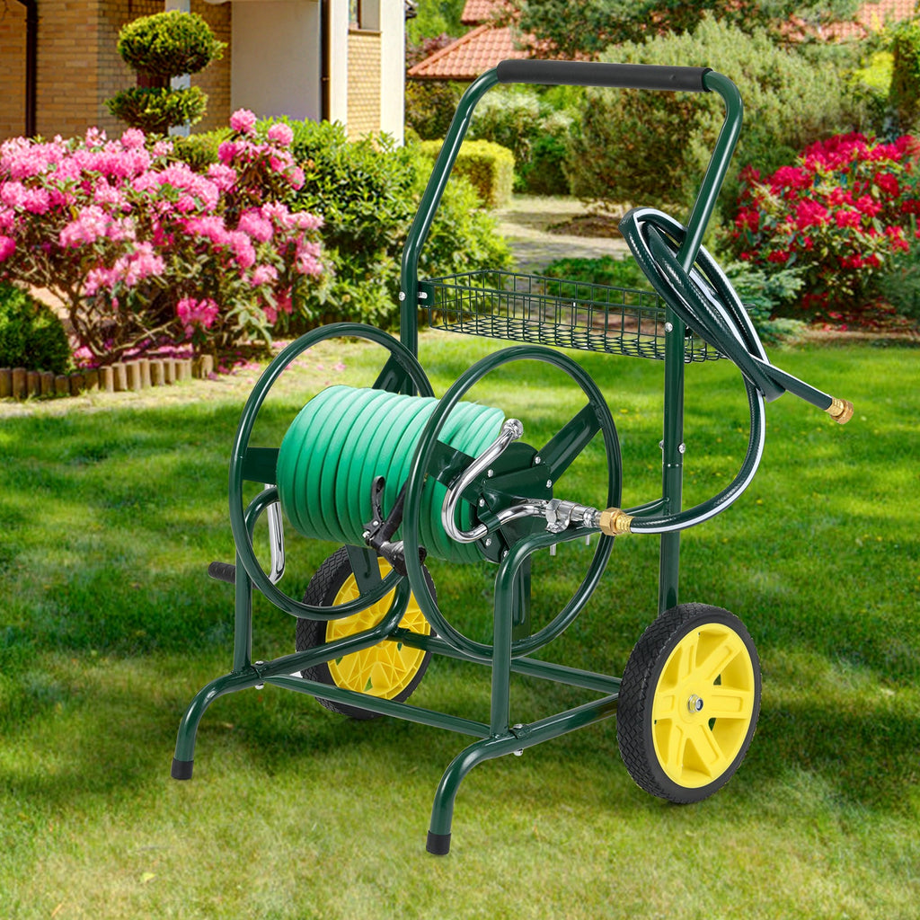 Garden Hose Reel Cart with 2 Wheels and Storage Basket