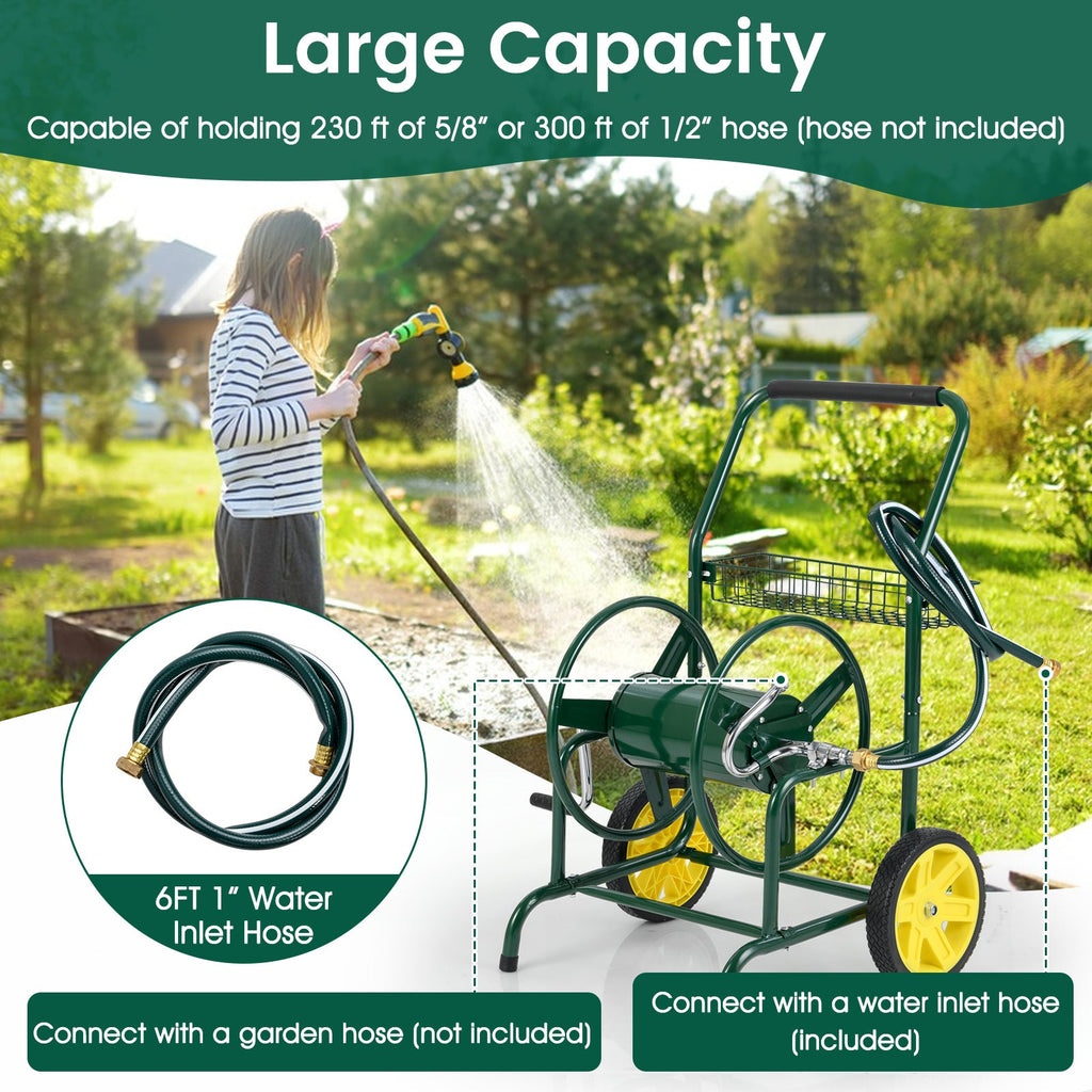 Garden Hose Reel Cart with 2 Wheels and Storage Basket