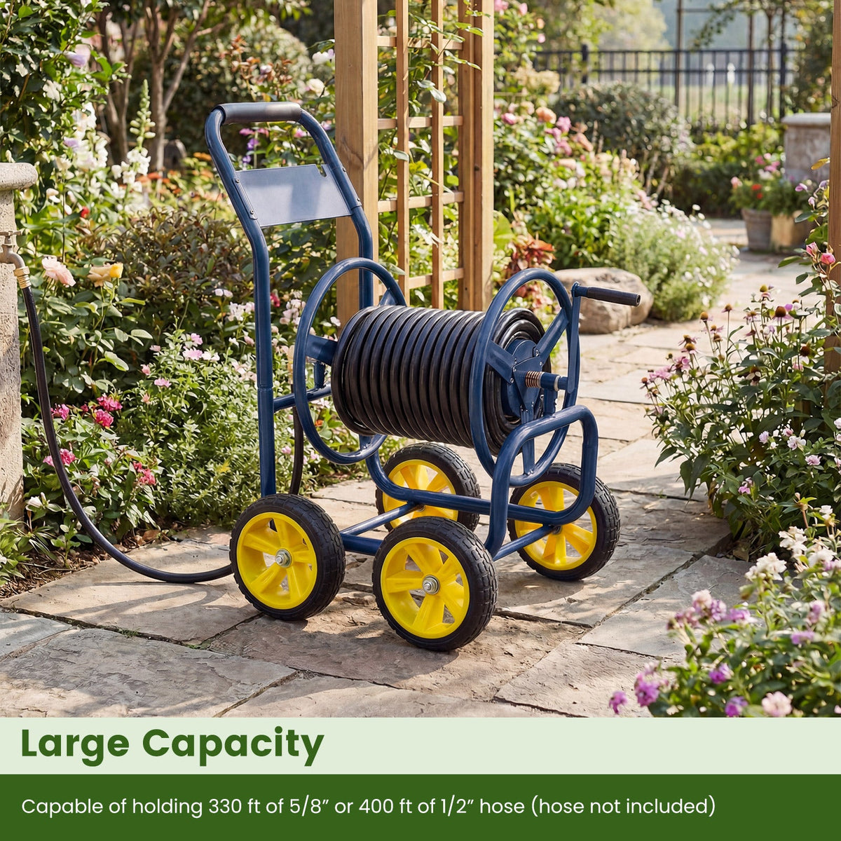 Garden Hose Reel Cart 4 Wheels Heavy-Duty Metal Water Hose Organizer Portable