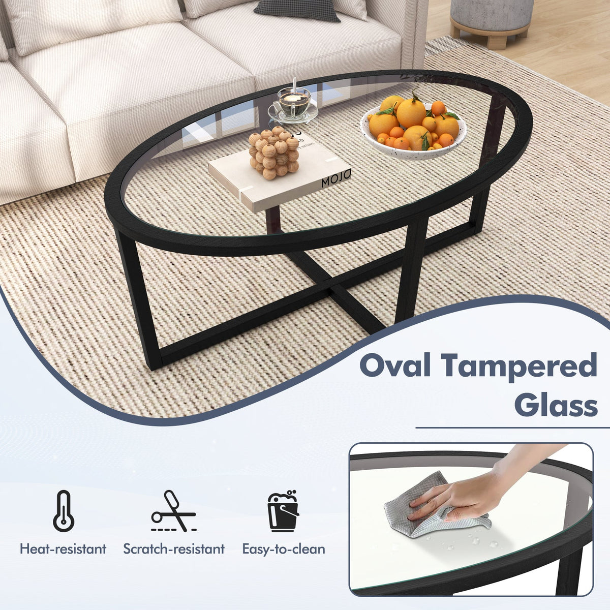 Glass Coffee Table Oval Living Room Table with Cross Base and Acacia Wood Legs-Black