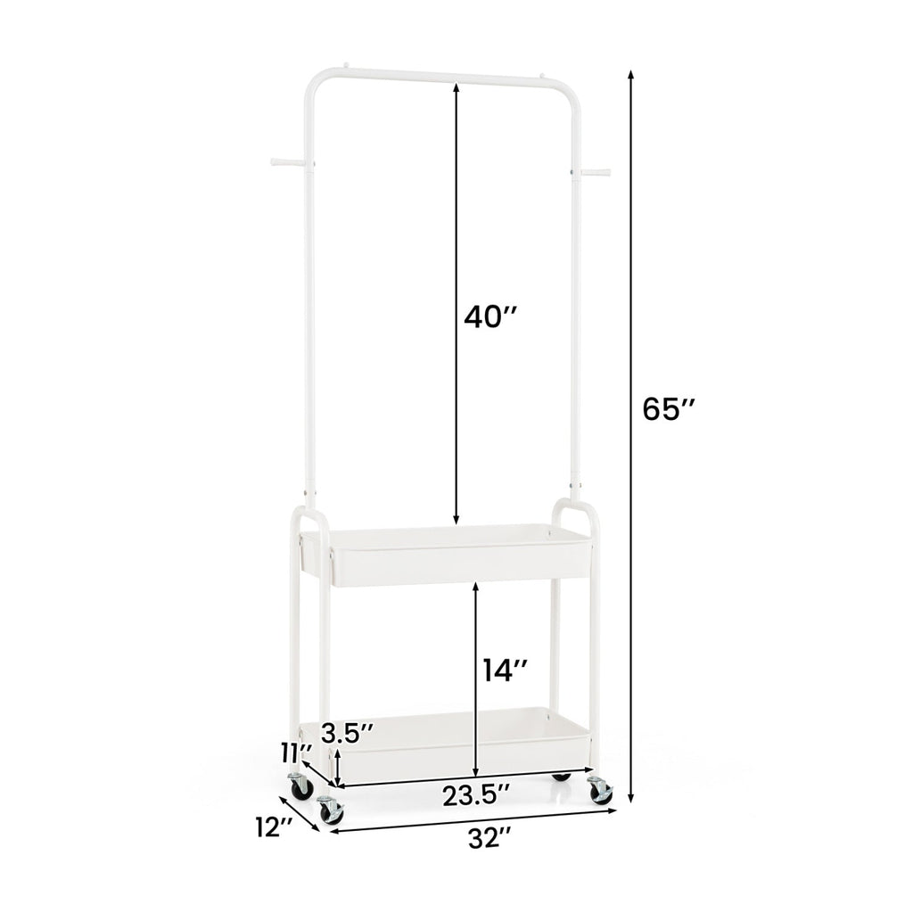 Heavy-Duty Laundry Cart with Hanging Rod and 2 Storage Baskets for Bedroom