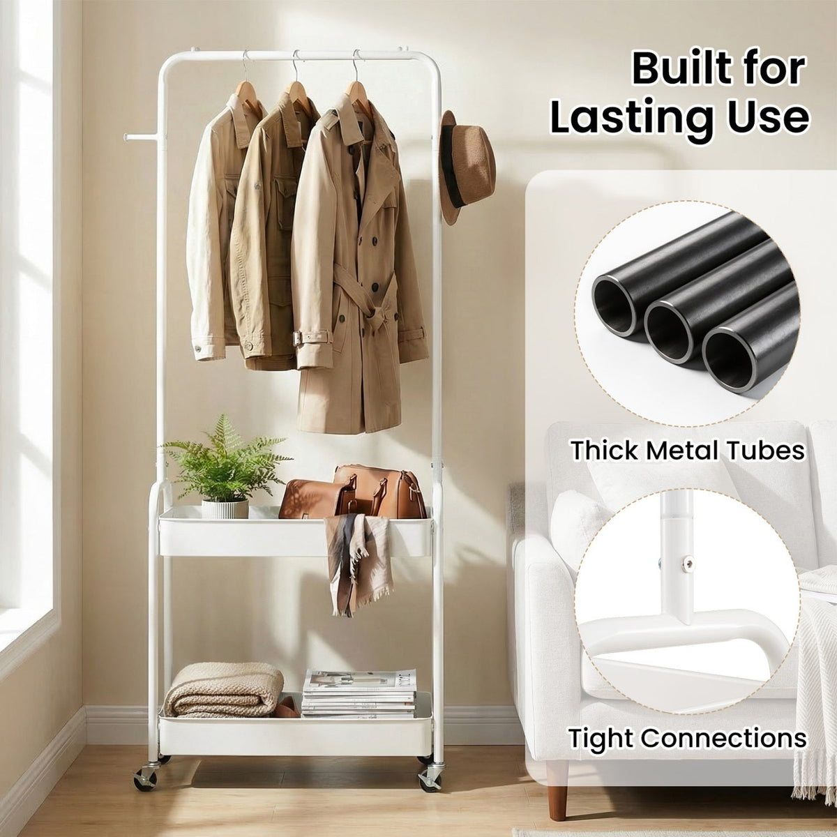 Heavy-Duty Laundry Cart with Hanging Rod and 2 Storage Baskets for Bedroom