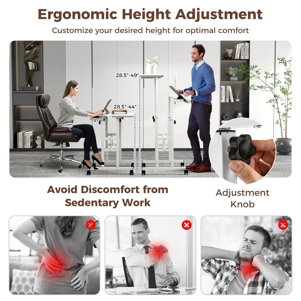 Mobile Standing Desk Height-Adjustable Laptop Cart with Split Top and Hanging Hooks