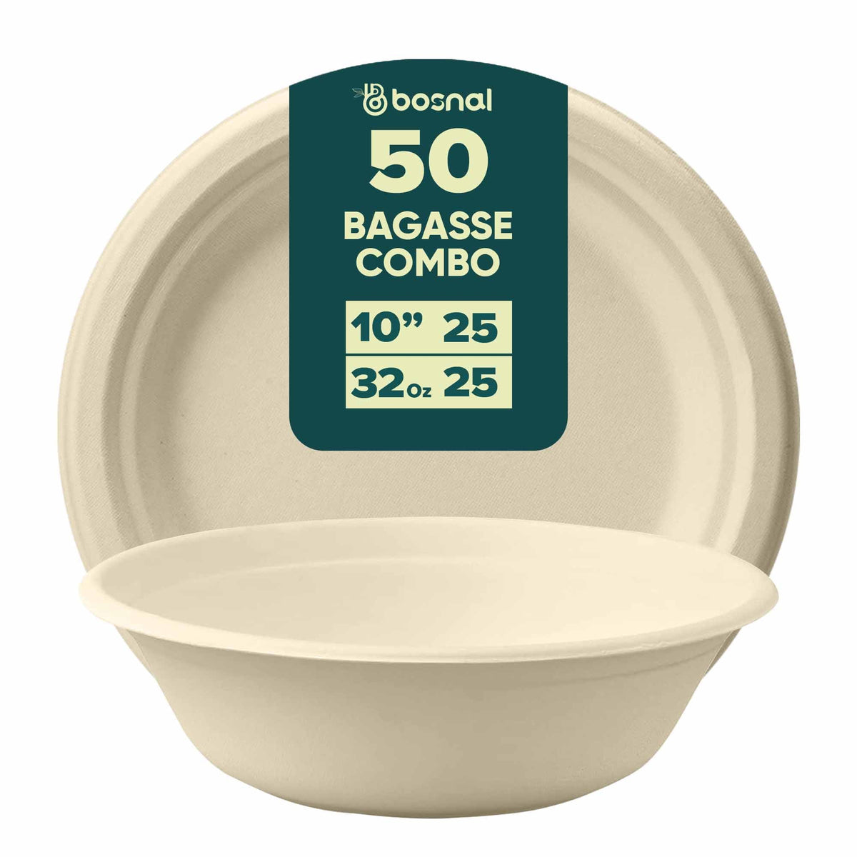 10 Inch Round Plates with 32 Oz Bowls, Sugarcane Bagasse Compostable Dinnerware, Eco-Friendly, Microwave Safe, BPA-Free