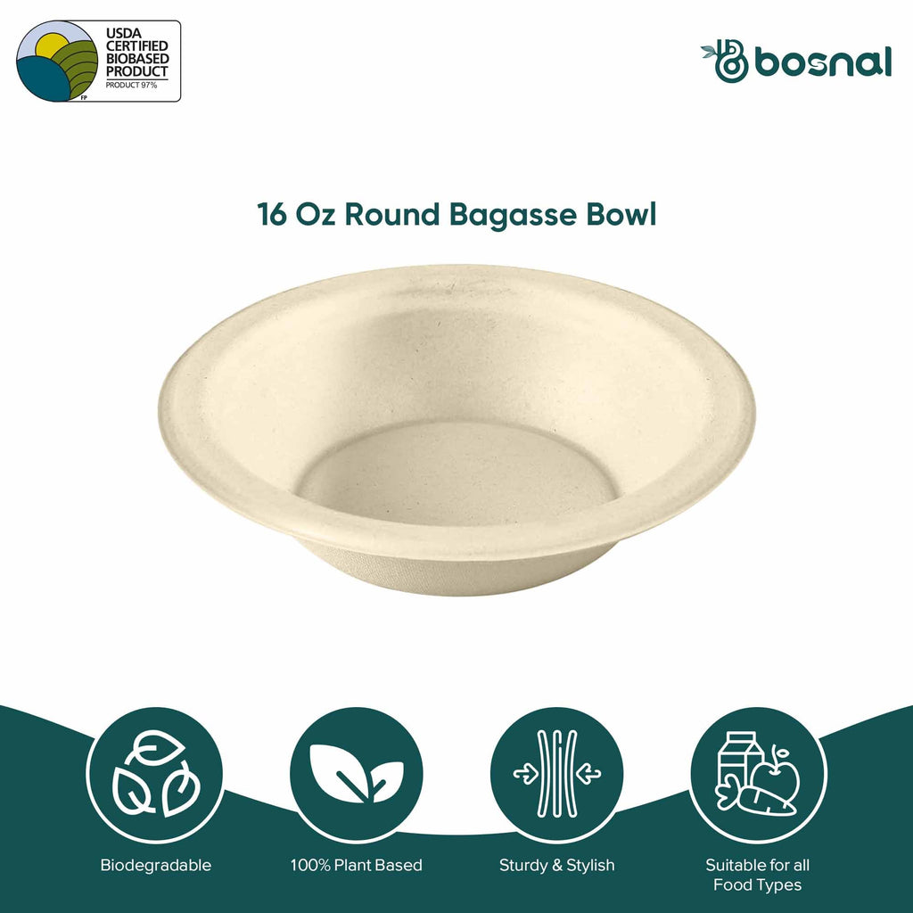 16 Oz Compostable Bowls, Sugarcane Bagasse Disposable Round Bowls, Biodegradable, Microwave Safe, BPA-Free