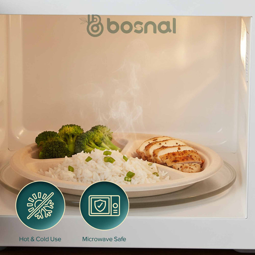 10 Inch Round 3-Compartment Compostable Plates, 500 Pcs, 100% Sugarcane Bagasse, Microwave Safe, BPA-Free, Leak-Resistant