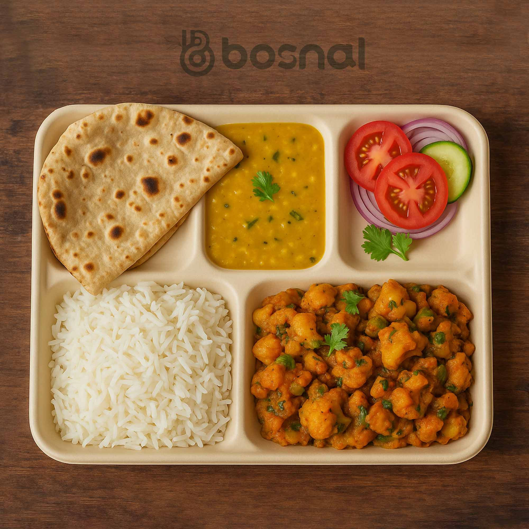 10 Inch Rectangle 5-Compartment Sugarcane Bagasse Compostable Trays, Eco-Friendly Disposable Food Trays, Microwave Safe