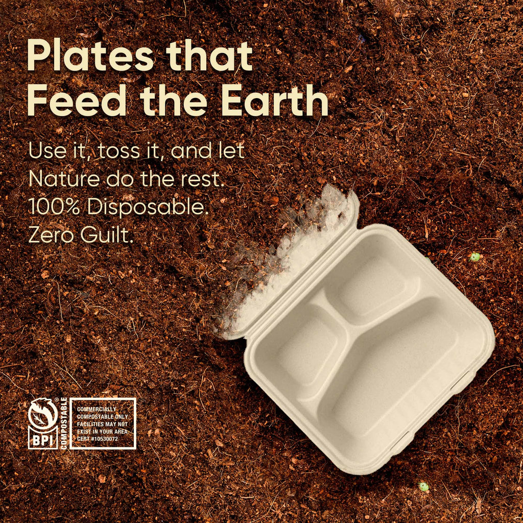 9 Inch Square 3-Compartment Sugarcane Bagasse Compostable Clamshell Boxes, Microwave Safe, Eco-Friendly, Leak-Resistant