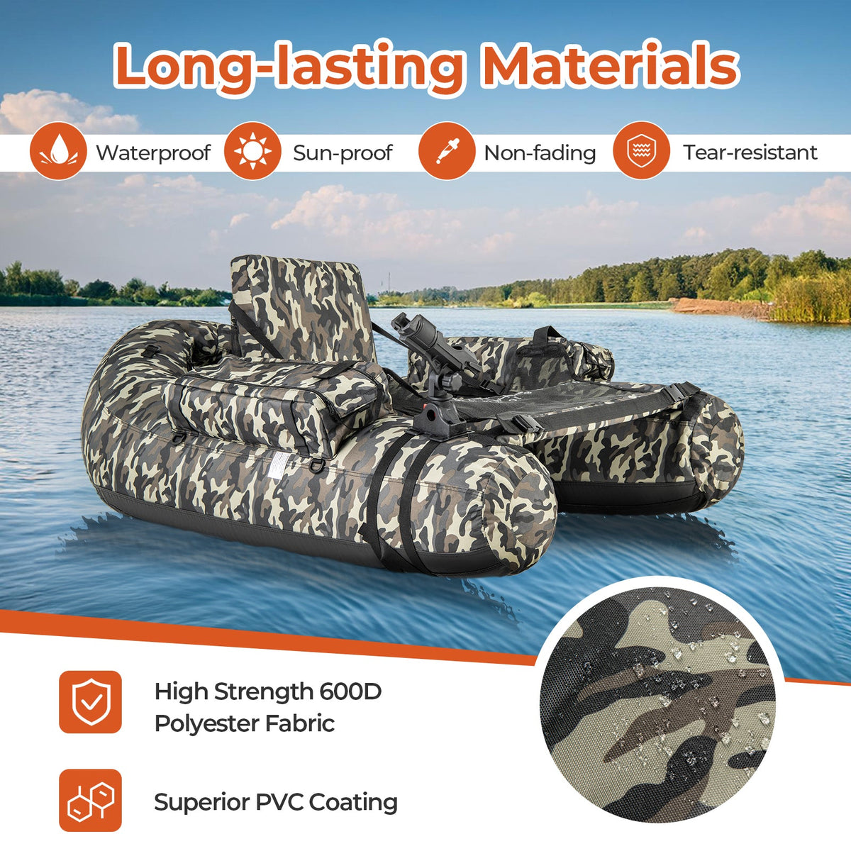 Inflatable Float Tube with Fish Ruler Rod Holder and Storage Pockets-Camouflage