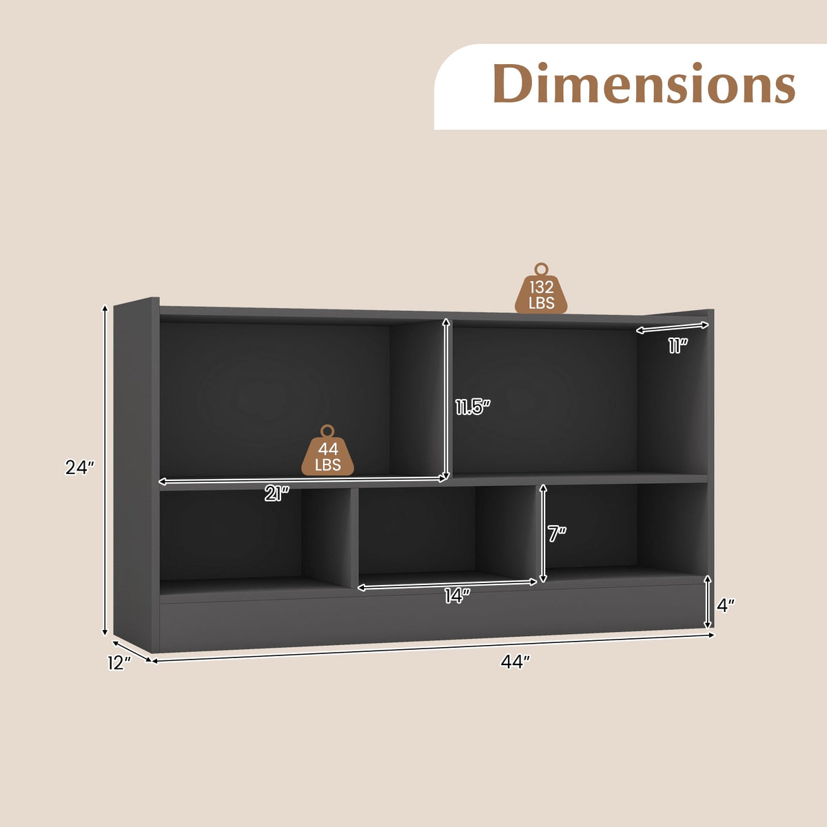 Kids 2-Shelf Bookcase 5-Cube Wood Toy Storage Cabinet Organizer-Gray