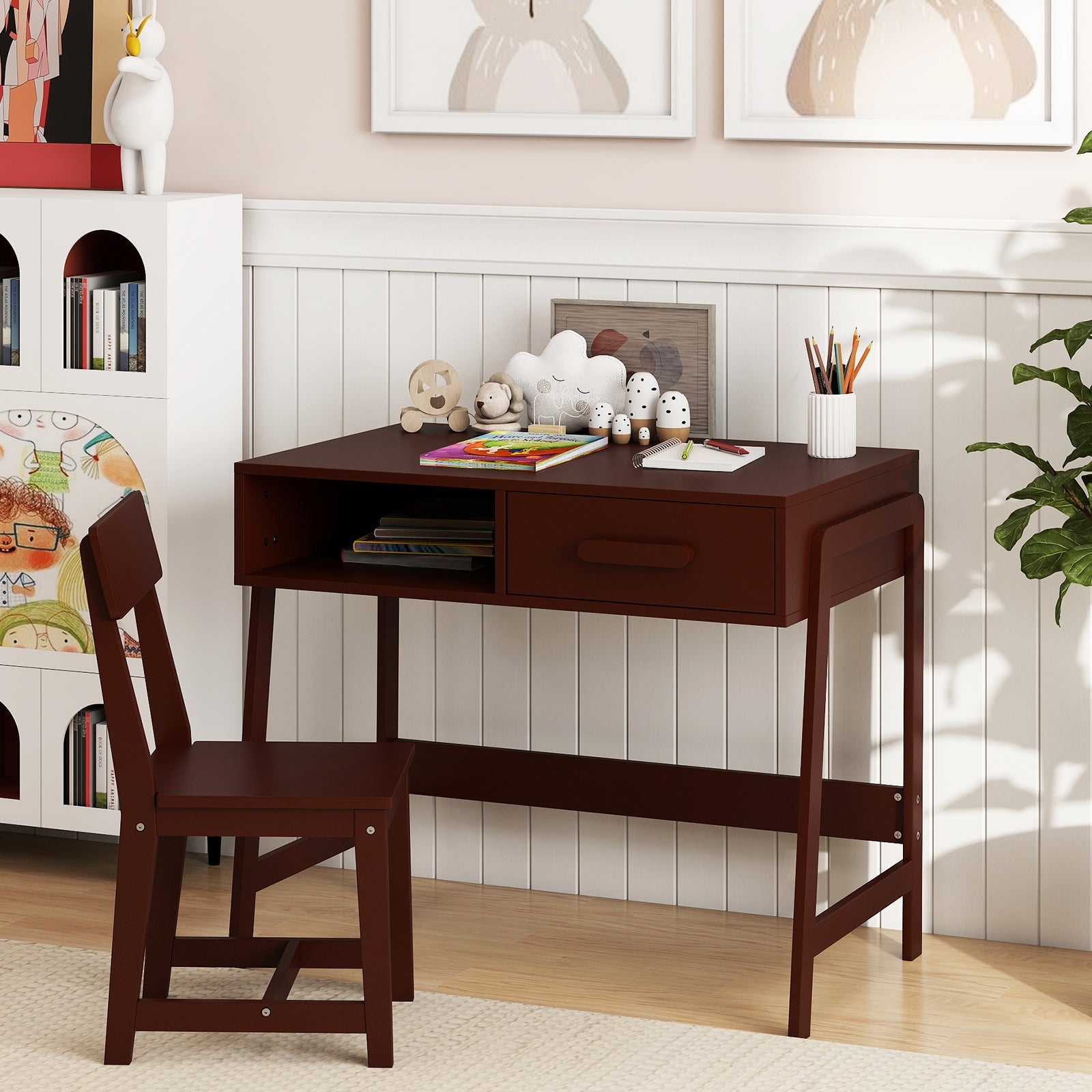 Kids Desk and Chair Set with Storage Drawer and Hutch