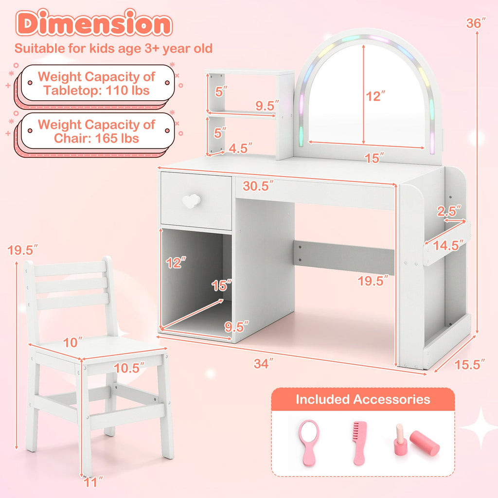 Kids Vanity Table and Chair Set with Lighted Mirror for Kids Aged 3+ Years Old