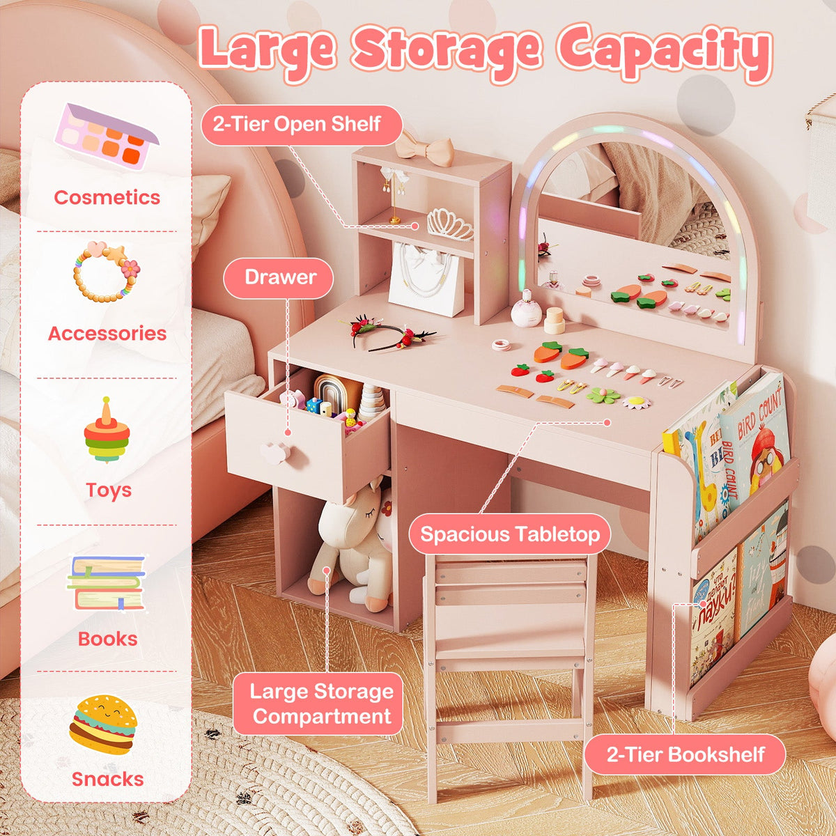 Kids Vanity Table and Chair Set with Lighted Mirror for Kids Aged 3+ Years Old