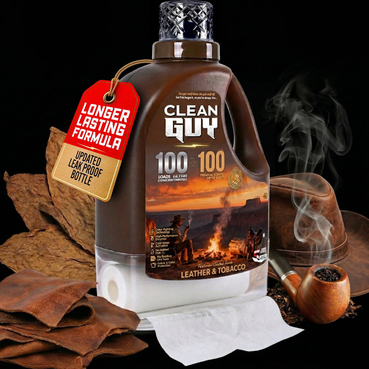 Heavy Duty Premium Laundry Detergent + Built-In Dryer Sheets (100 Loads) -  LEATHER & TOBACCO