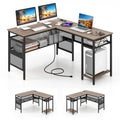 L-Shaped Computer Desk with Charging Station and Adjustable Shelf-Gray