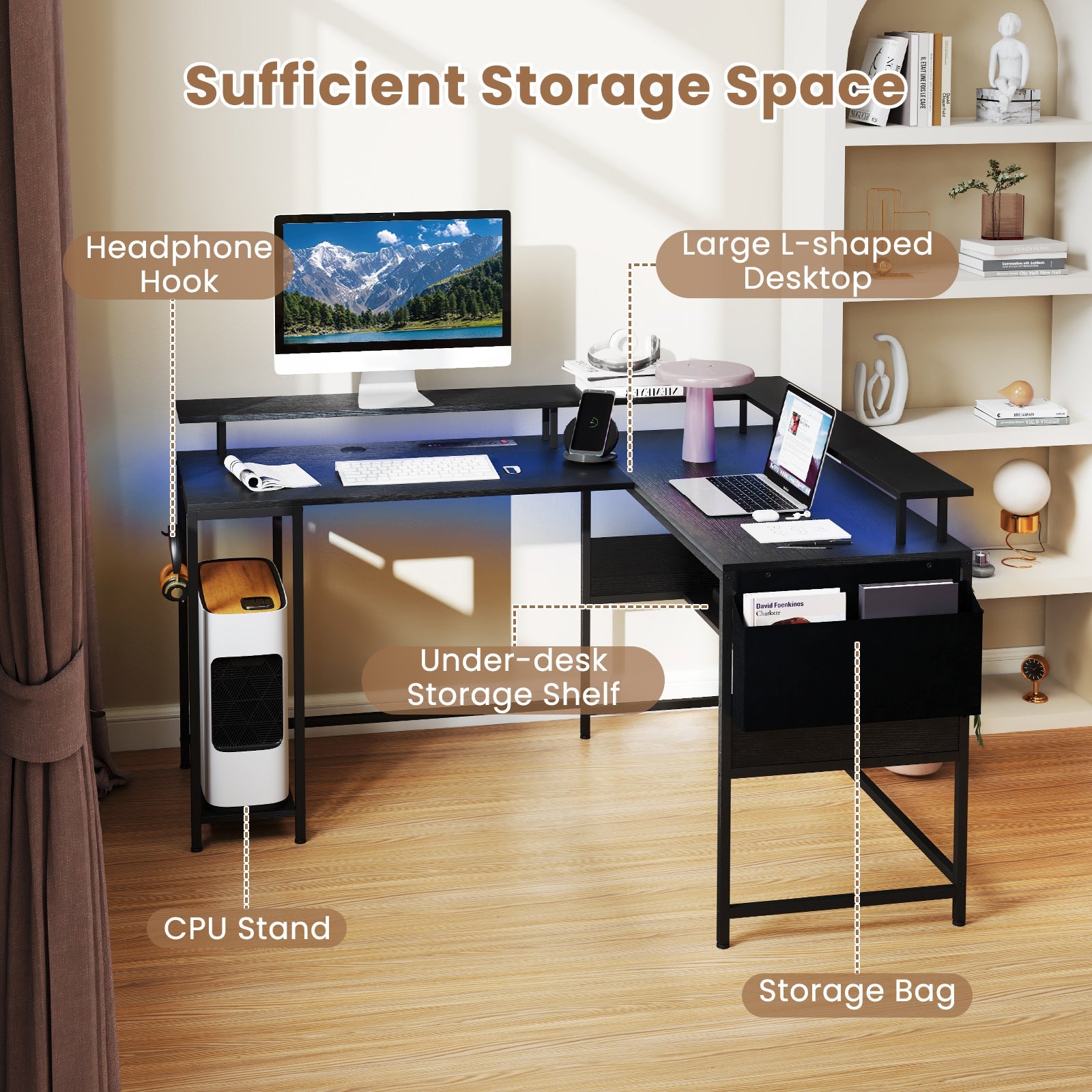 L-Shaped Gaming Desk with LED Lights and Power Outlets Home Office Computer Desk