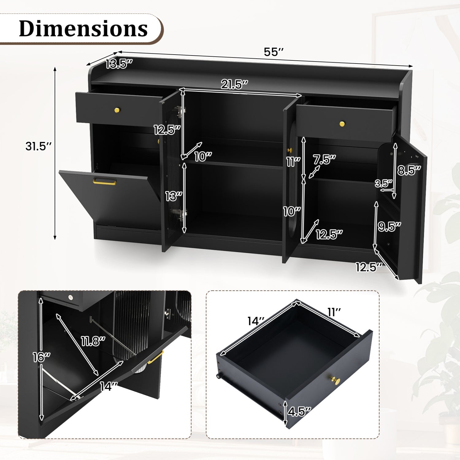 Large Buffet Cabinet Hidden Tilt Out Trash Can Cabinet with 2 Glass Doors