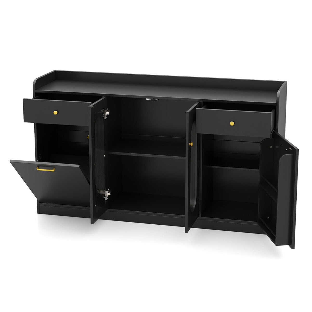Large Buffet Cabinet Hidden Tilt Out Trash Can Cabinet with 2 Glass Doors