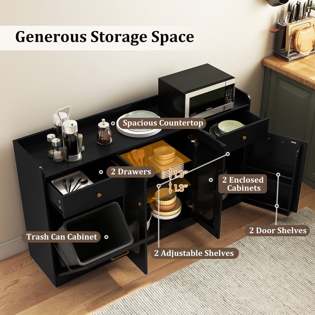 Large Buffet Cabinet Hidden Tilt Out Trash Can Cabinet with 2 Glass Doors