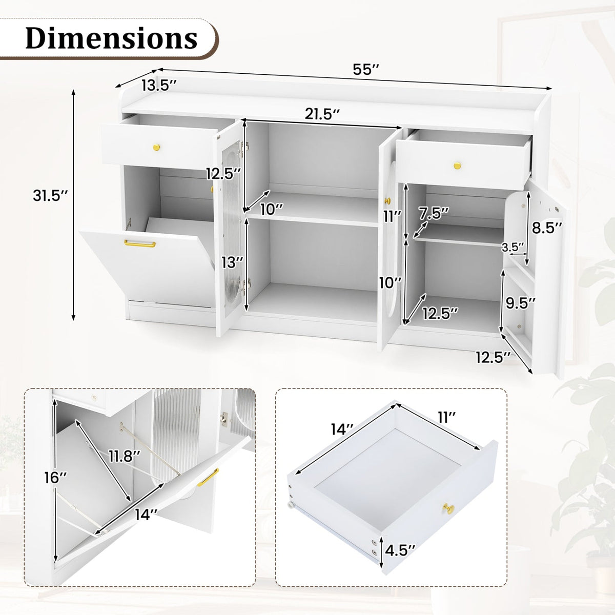 Large Buffet Cabinet Hidden Tilt Out Trash Can Cabinet with 2 Glass Doors