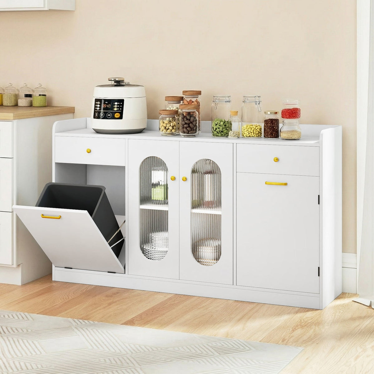 Large Buffet Cabinet Hidden Tilt Out Trash Can Cabinet with 2 Glass Doors