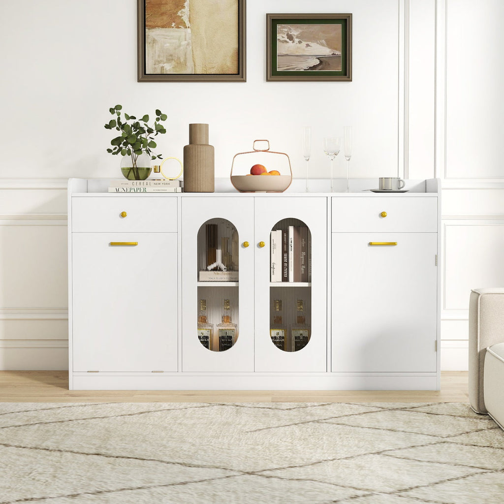 Large Buffet Cabinet Hidden Tilt Out Trash Can Cabinet with 2 Glass Doors