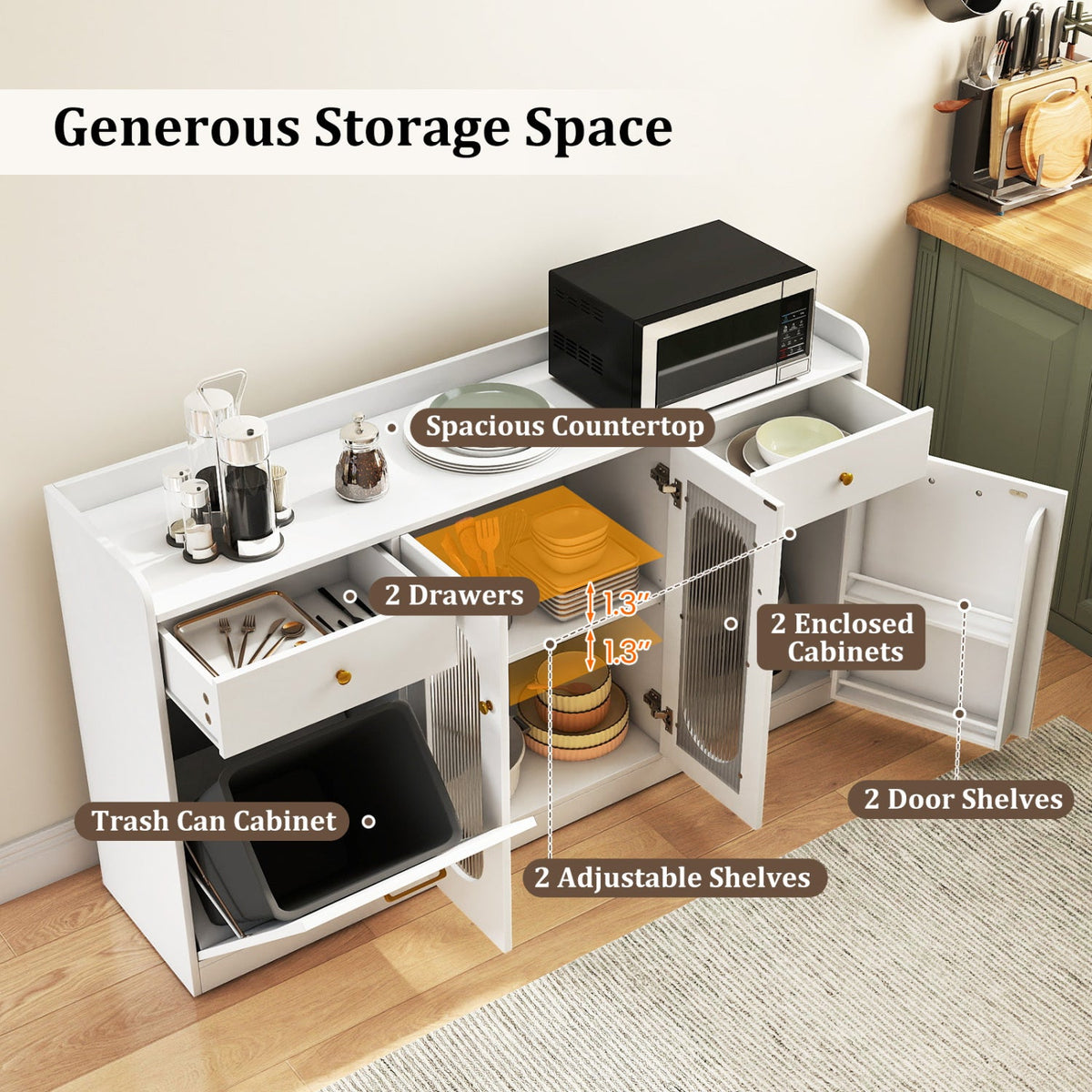 Large Buffet Cabinet Hidden Tilt Out Trash Can Cabinet with 2 Glass Doors