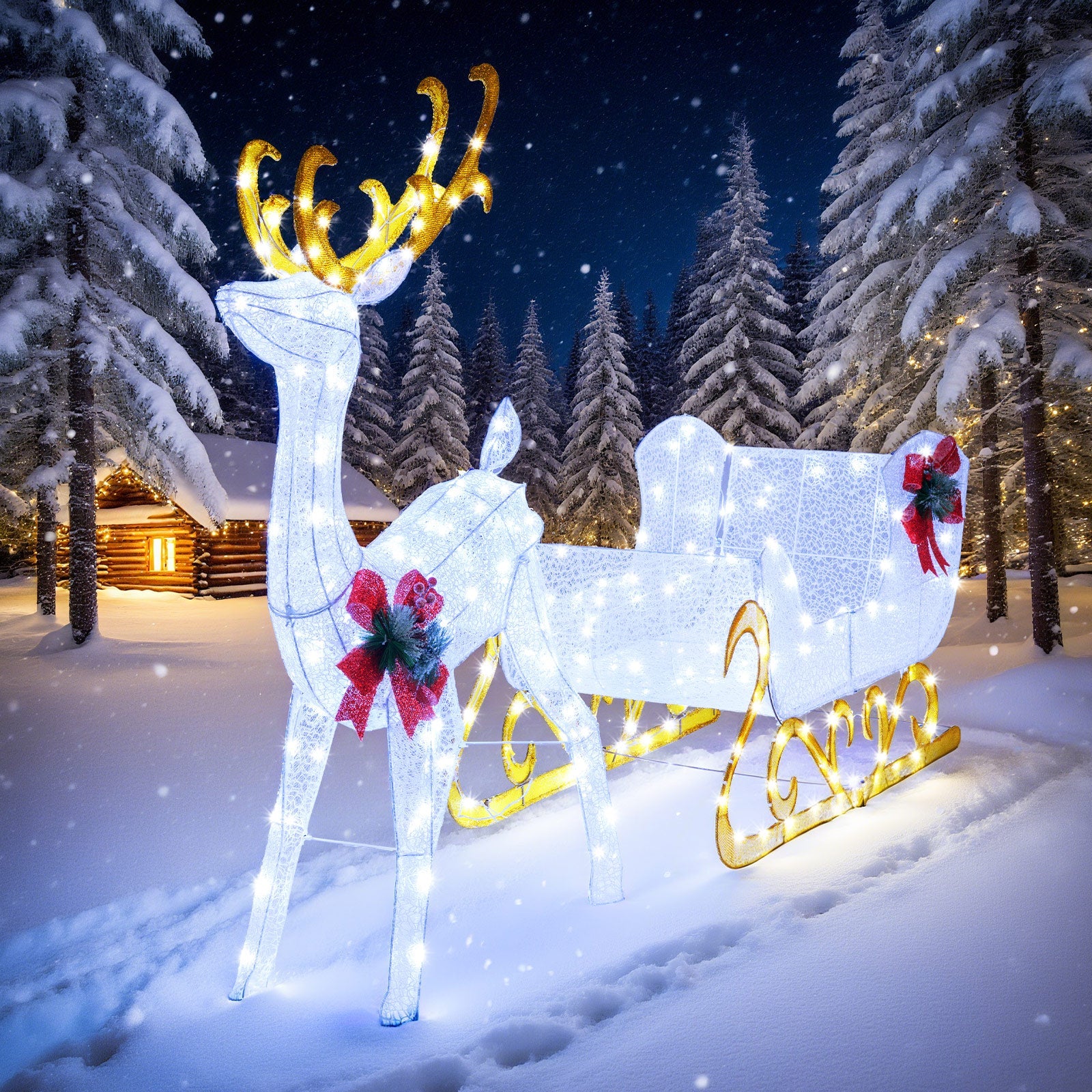 6 Feet Christmas Lighted Reindeer and Santa's Sleigh Decoration with 4 Stakes