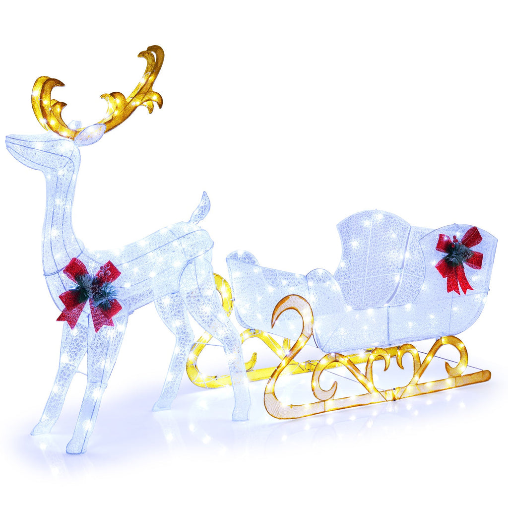 6 Feet Christmas Lighted Reindeer and Santa's Sleigh Decoration with 4 Stakes