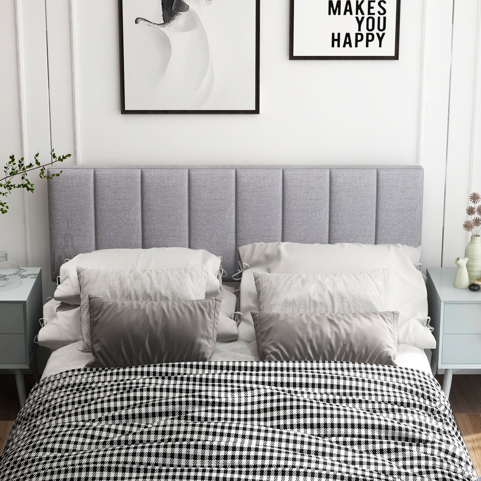 Linen Upholstered Headboard with Solid Wood Legs and Adjustable Width