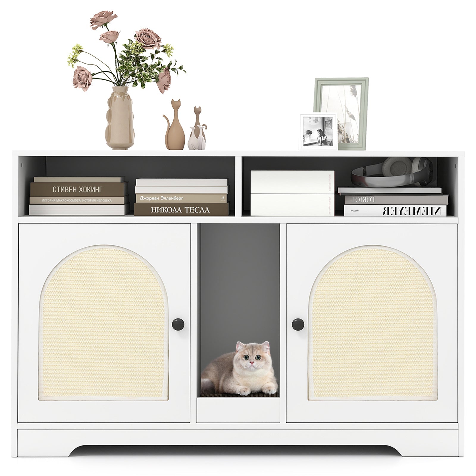 43 Inches Cat Litter Box Enclosure with Storage and Double Rooms-White